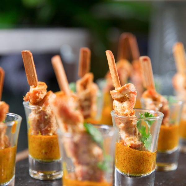 Delicious Meat Snacks with Sauce in Shot Glasses Traiteur Lyon
